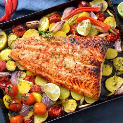 Savory Baked Salmon Feast with Colorful Vegetables